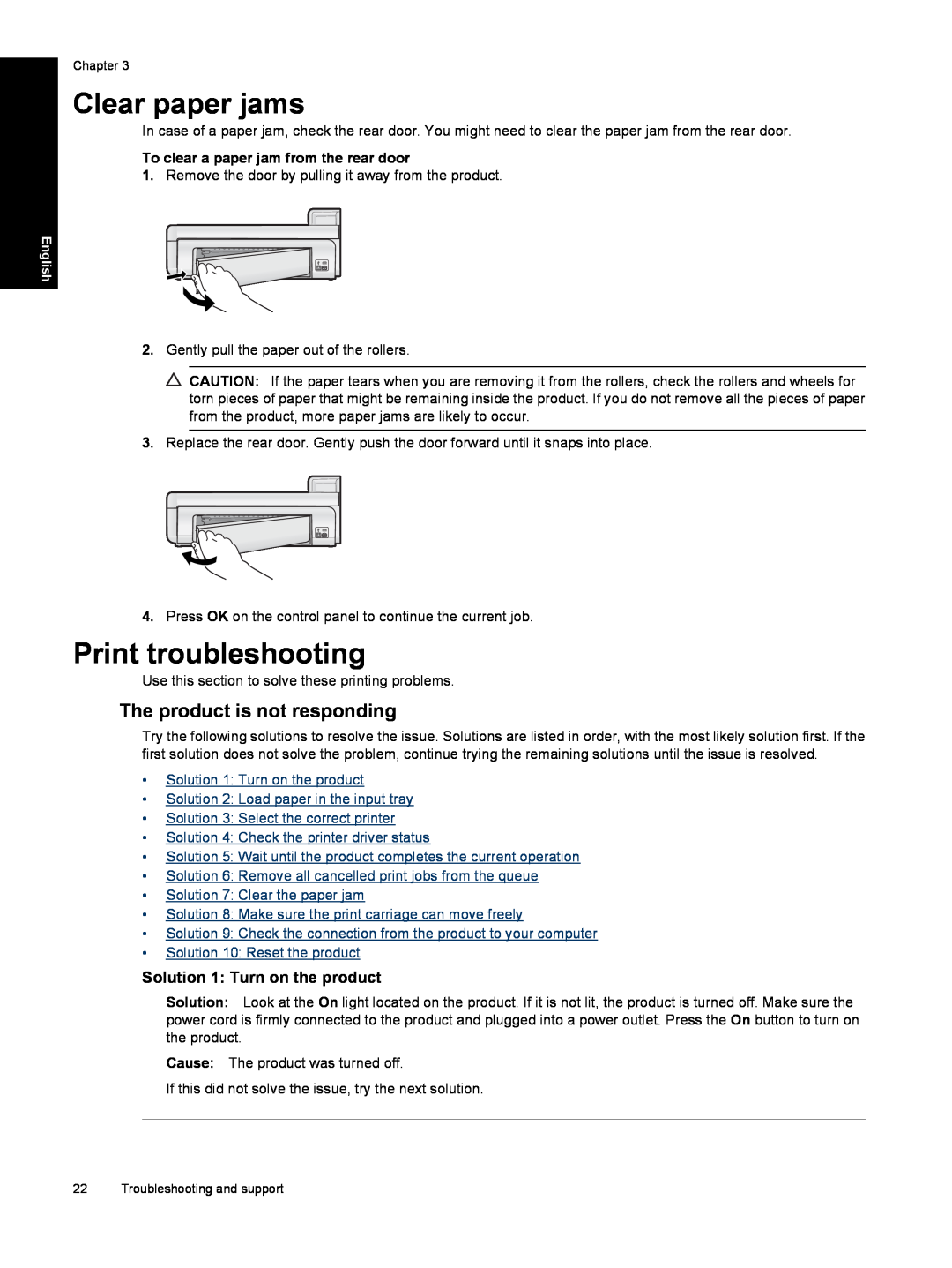 HP B8550 manual Clear paper jams, Print troubleshooting, The product is not responding, Solution 1 Turn on the product 