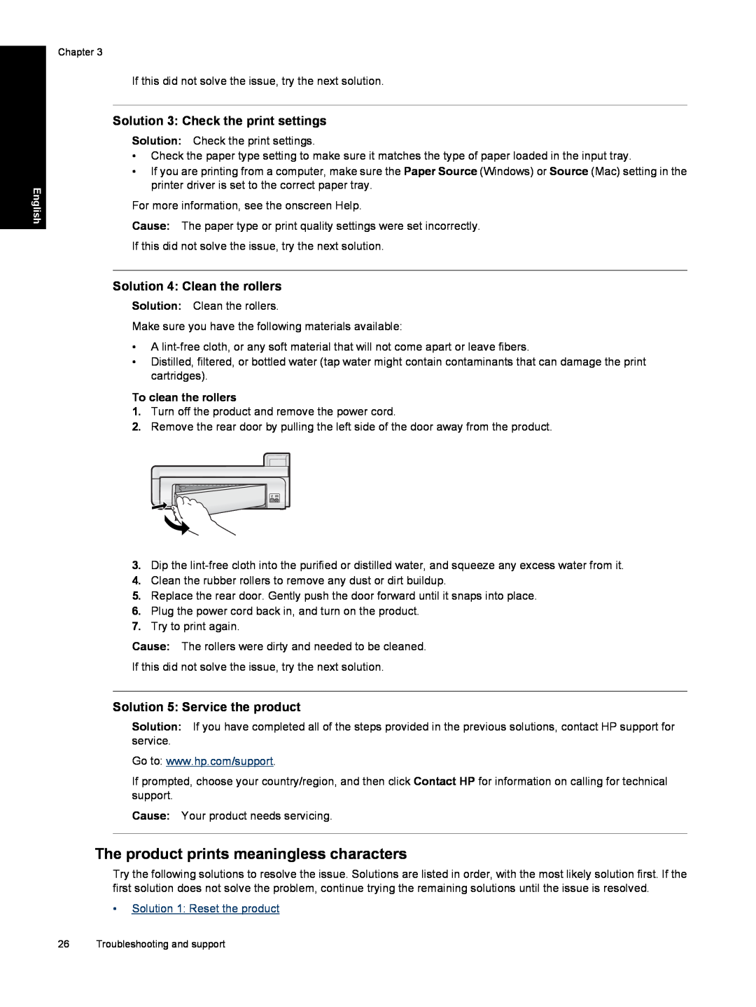 HP B8550 The product prints meaningless characters, Solution 3 Check the print settings, Solution 4 Clean the rollers 