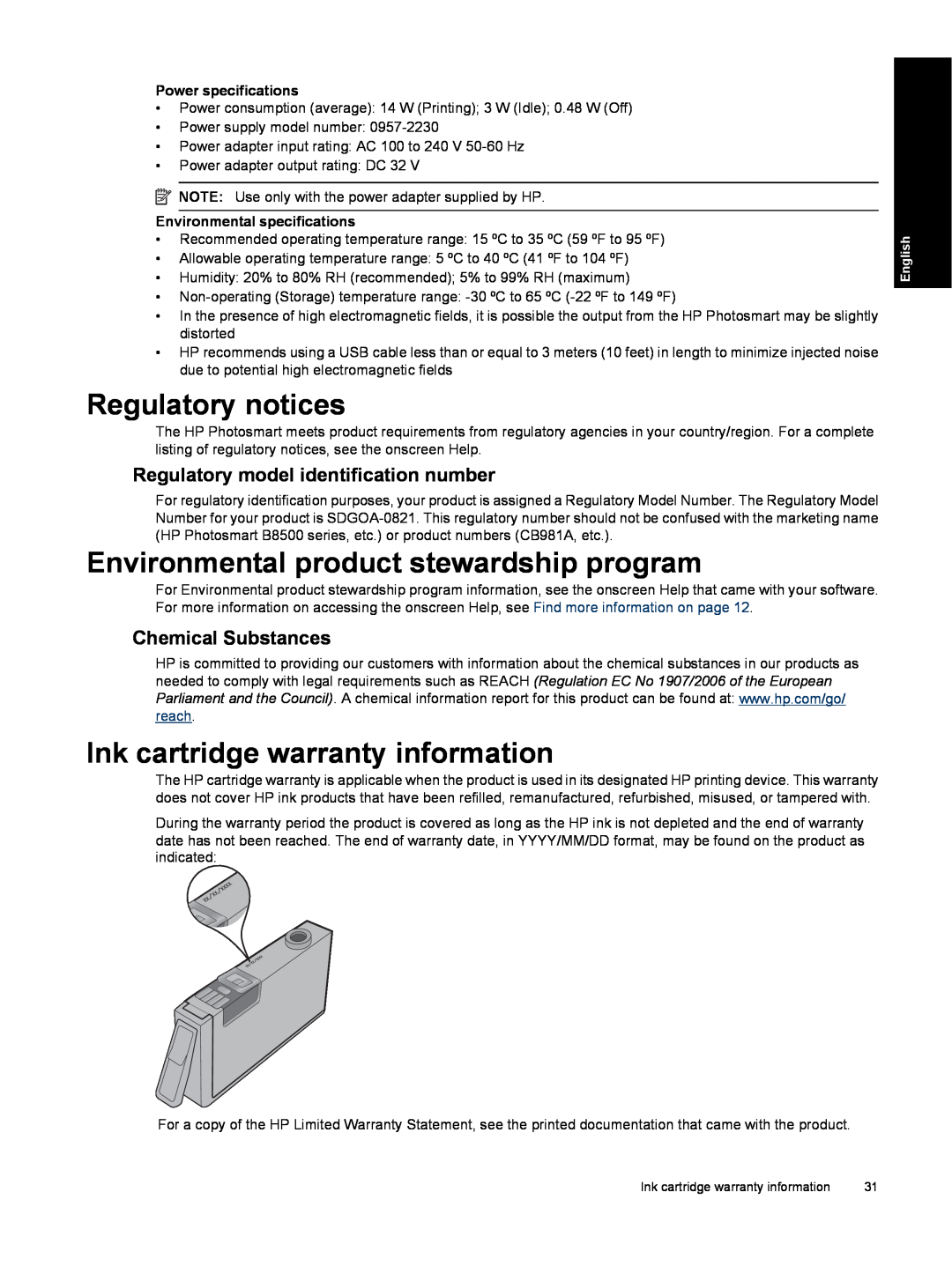 HP B8550 Photo CB981A#B1H manual Regulatory notices, Environmental product stewardship program, Chemical Substances 