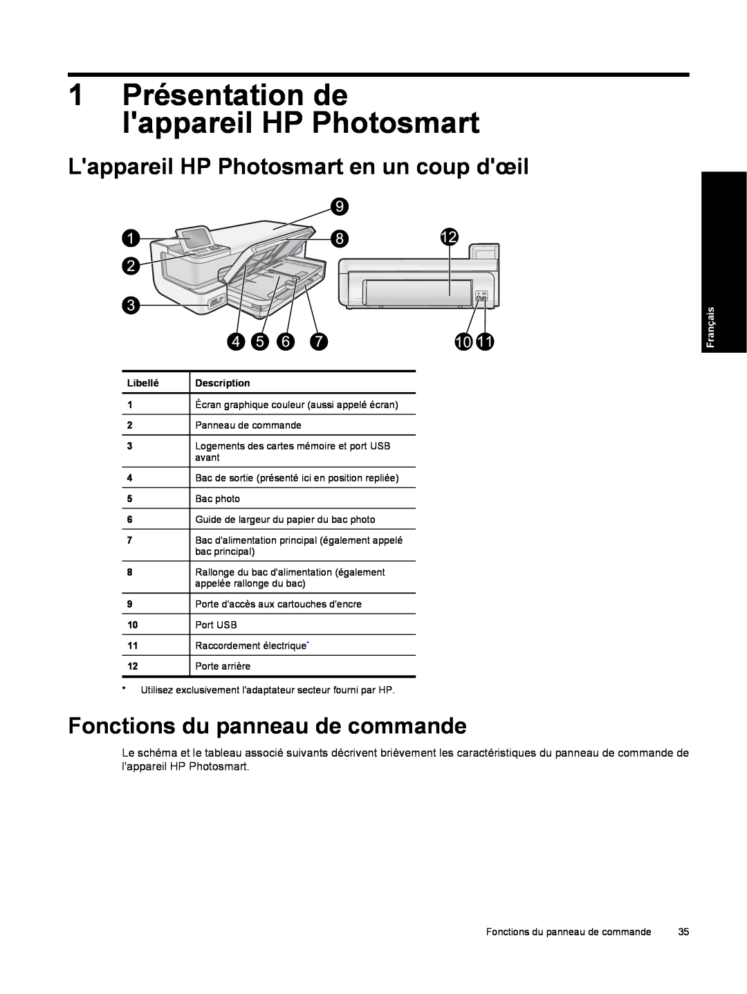 HP B8550 Photo CB981A#B1H 1 Présentation de lappareil HP Photosmart, Lappareil HP Photosmart en un coup dœil, Français 