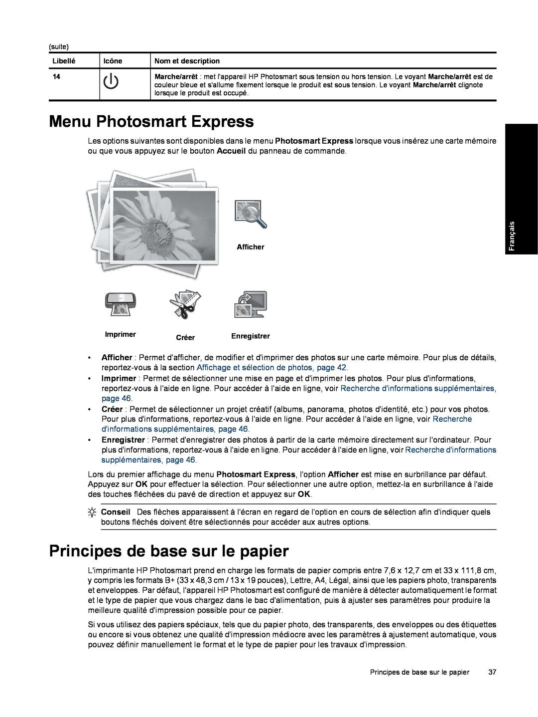 HP B8550 Photo CB981A#B1H manual Menu Photosmart Express, Principes de base sur le papier, suite 