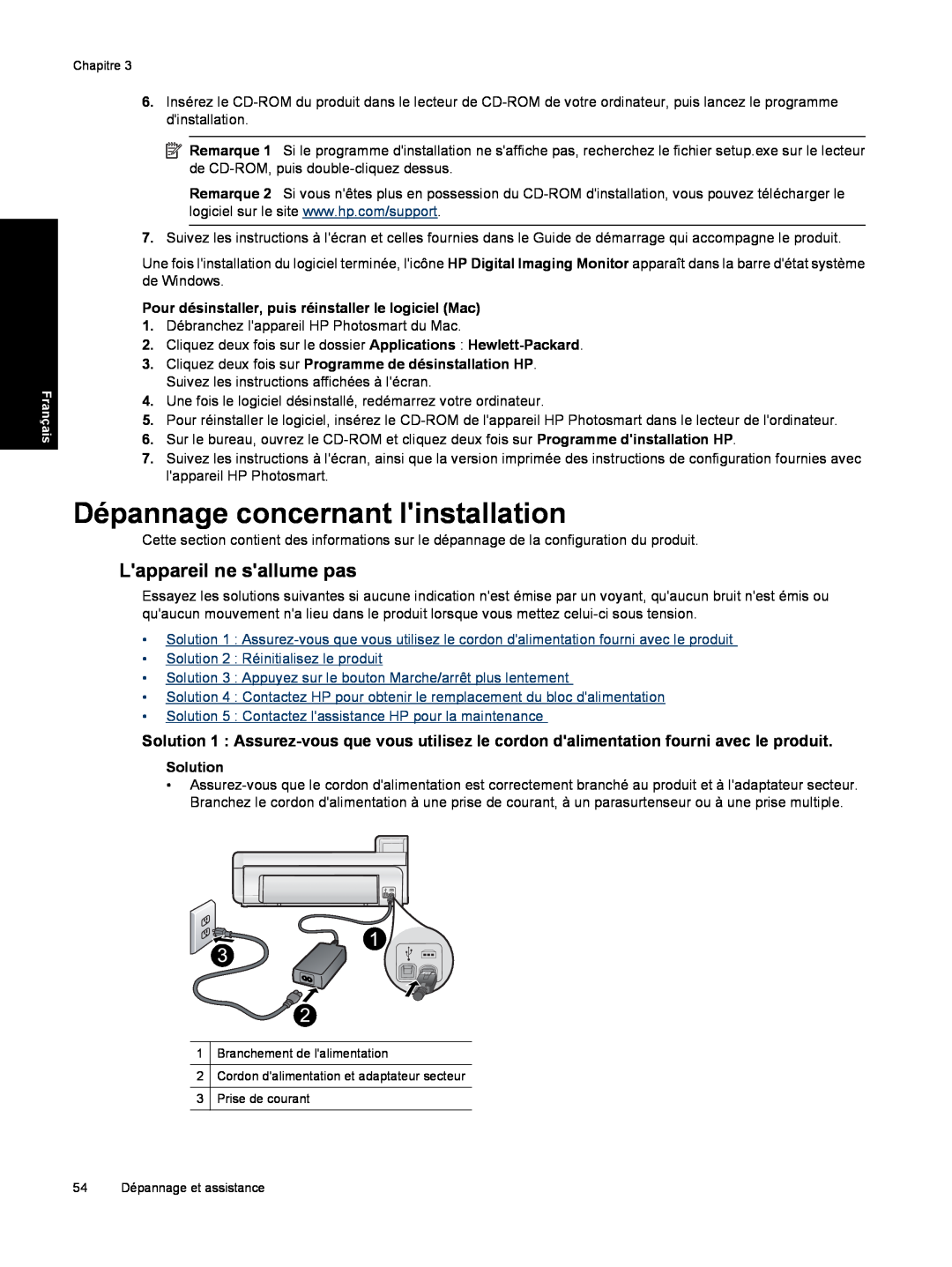 HP B8550 Dépannage concernant linstallation, Lappareil ne sallume pas, Pour désinstaller, puis réinstaller le logiciel Mac 