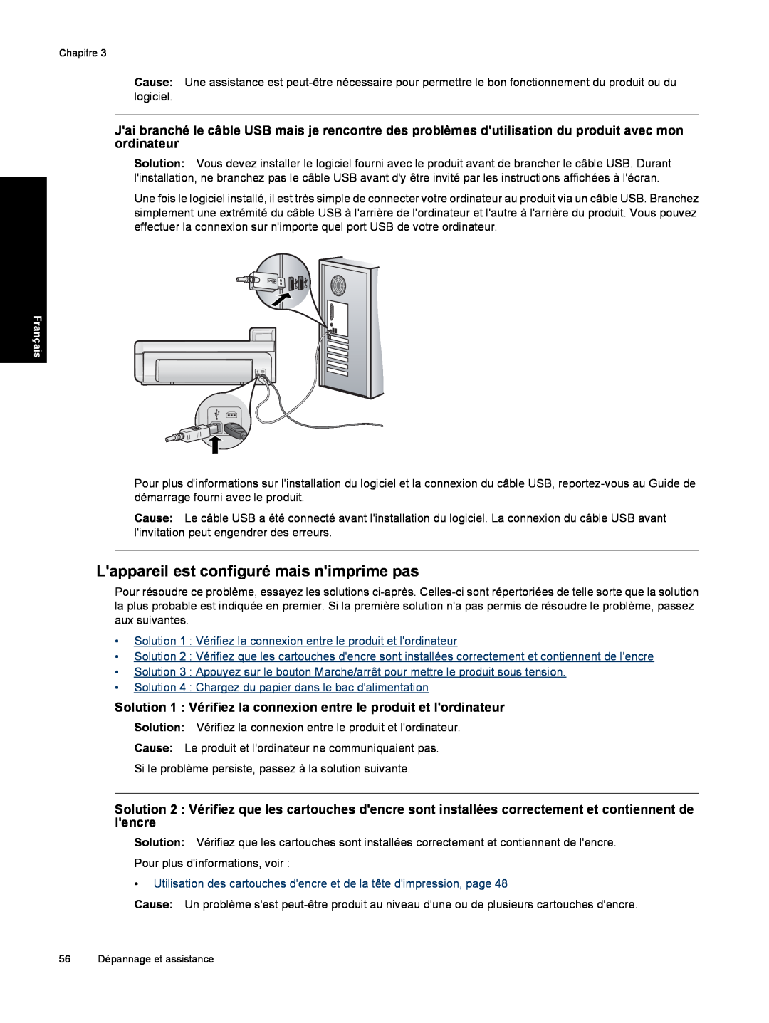 HP B8550 manual Lappareil est configuré mais nimprime pas, Solution 1 Vérifiez la connexion entre le produit et lordinateur 