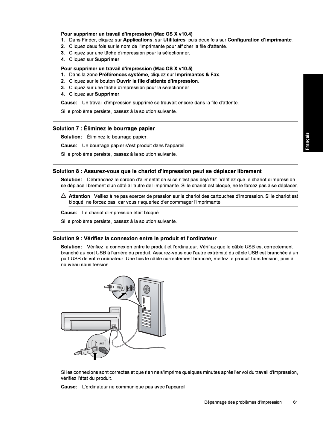 HP B8550 Photo CB981A#B1H manual Solution 7 Éliminez le bourrage papier, Pour supprimer un travail dimpression Mac OS X 