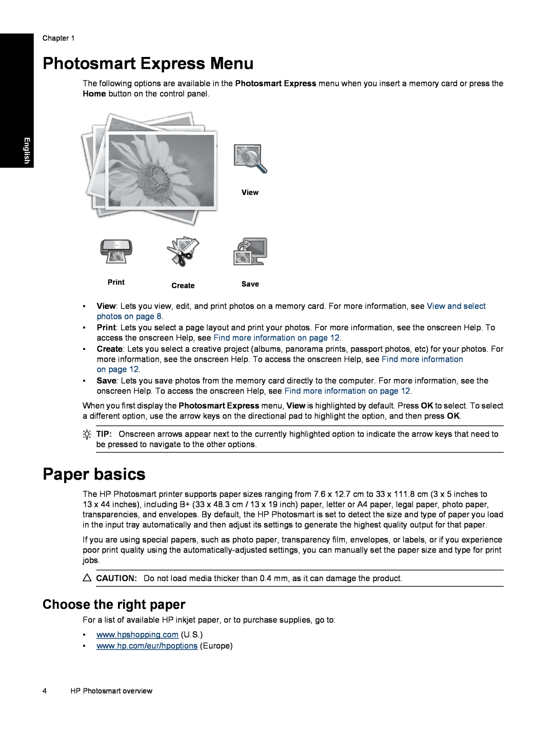HP B8550 Photo CB981A#B1H manual Photosmart Express Menu, Paper basics, Choose the right paper, on page 
