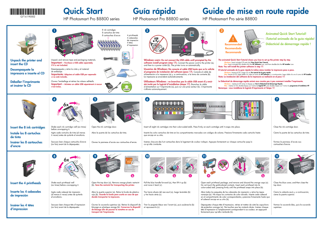 HP B8800 manual Unpack the printer and insert the CD, Déballer l’imprimante et insérer le CD, Insert the 4 printheads 