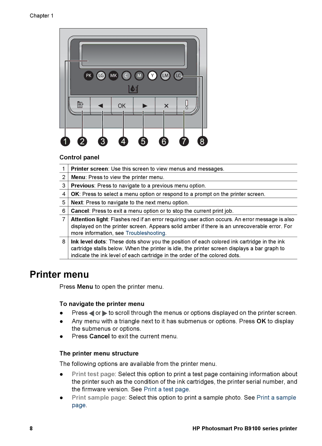 HP B9100 manual Control panel, To navigate the printer menu, Printer menu structure 