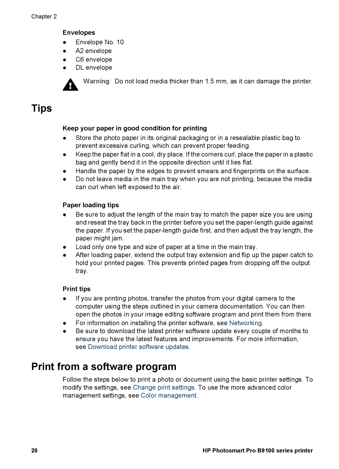 HP B9100 manual Tips, Print from a software program 