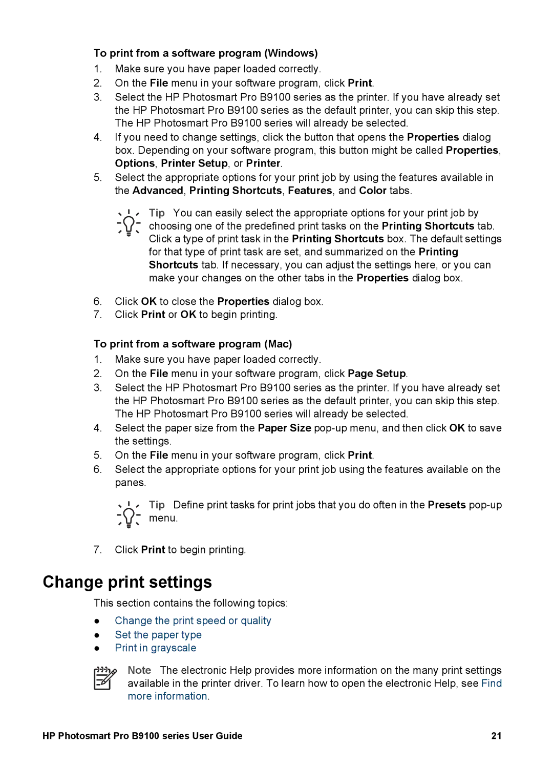 HP B9100 manual Change print settings, To print from a software program Windows, To print from a software program Mac 