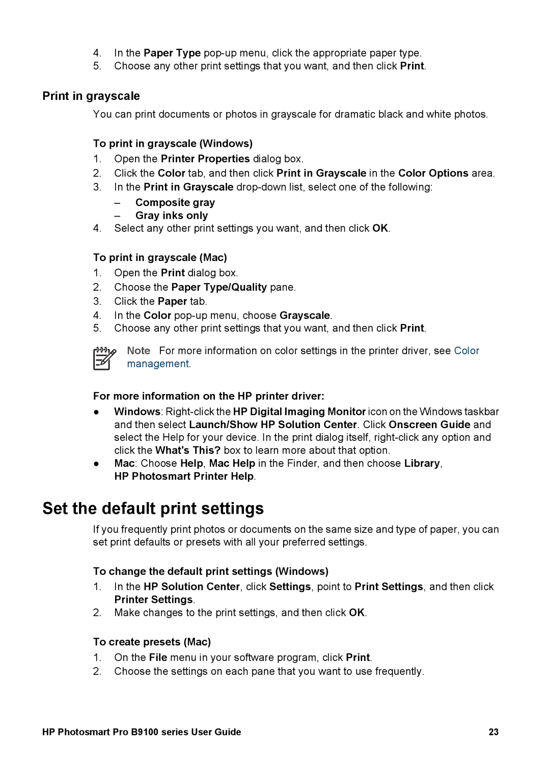 HP B9100 manual Set the default print settings, Print in grayscale 