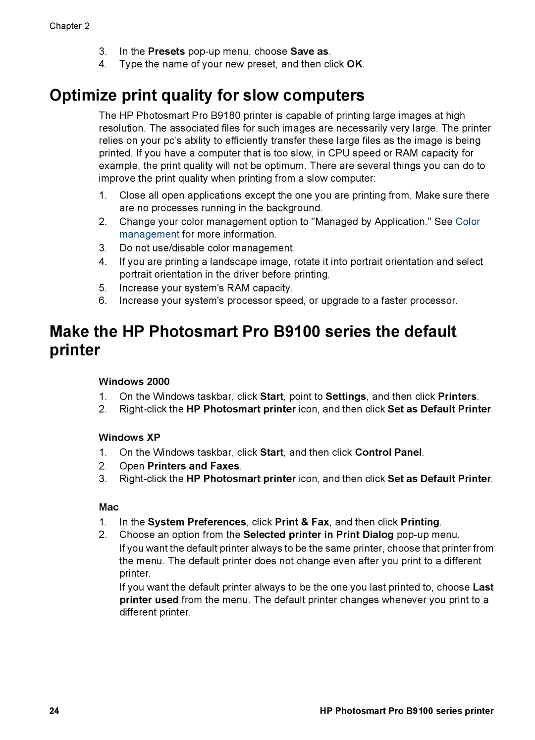 HP Optimize print quality for slow computers, Make the HP Photosmart Pro B9100 series the default printer, Windows 