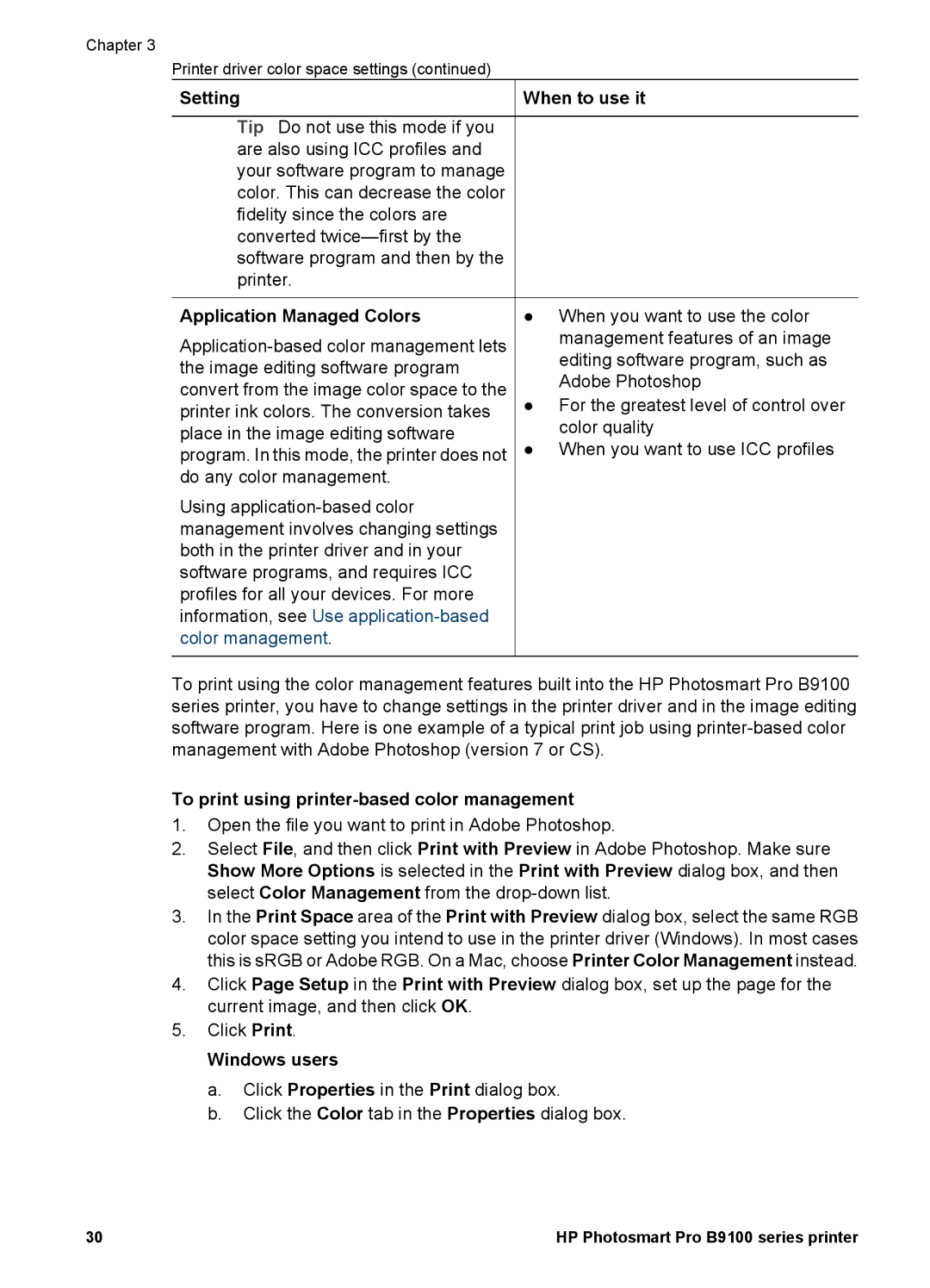 HP B9100 manual Setting When to use it, Application Managed Colors, To print using printer-based color management 