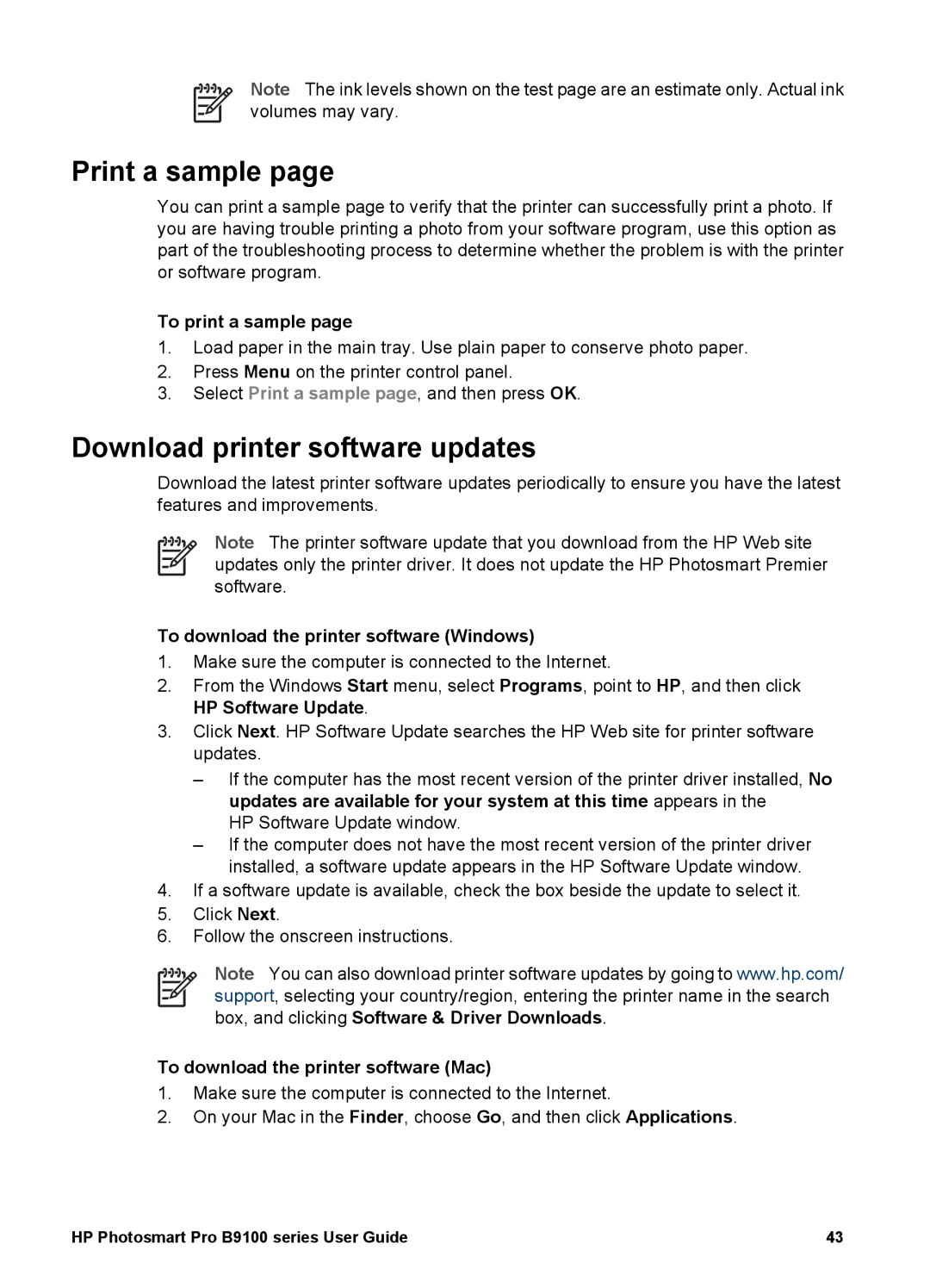 HP B9100 Print a sample, Download printer software updates, To print a sample, To download the printer software Windows 