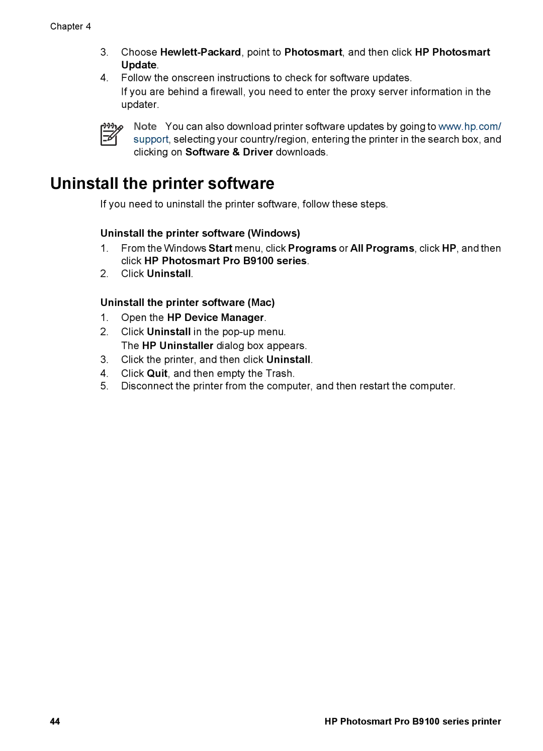 HP B9100 manual Uninstall the printer software Windows 