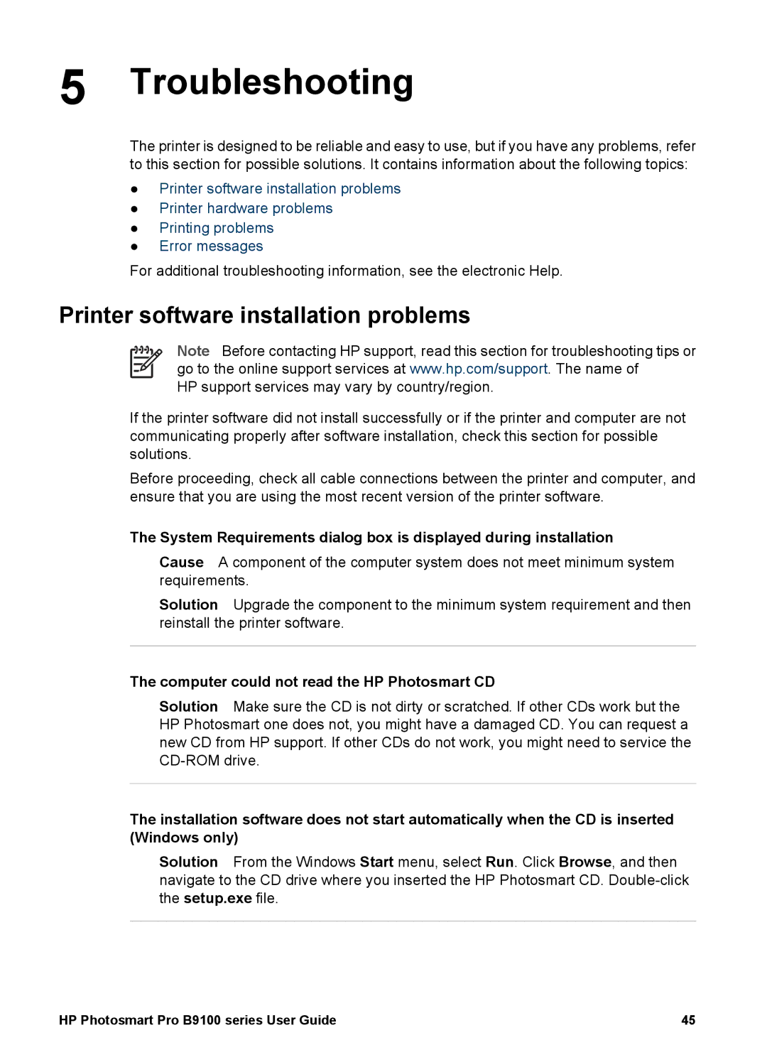 HP B9100 manual Troubleshooting, Printer software installation problems, Computer could not read the HP Photosmart CD 