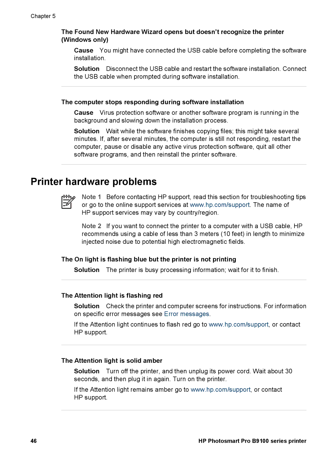 HP B9100 manual Printer hardware problems, Computer stops responding during software installation 