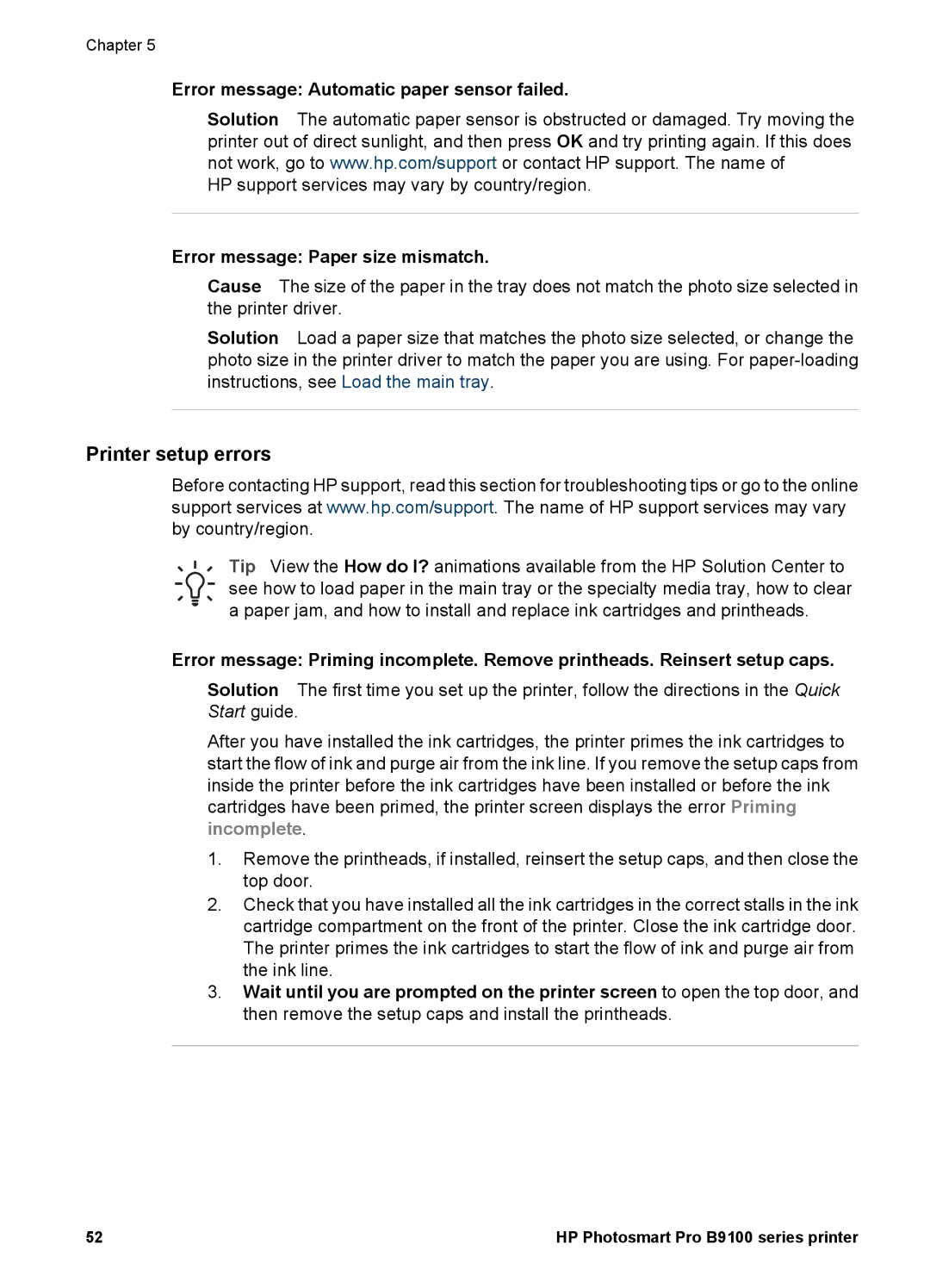 HP B9100 manual Printer setup errors, Error message Automatic paper sensor failed, Error message Paper size mismatch 