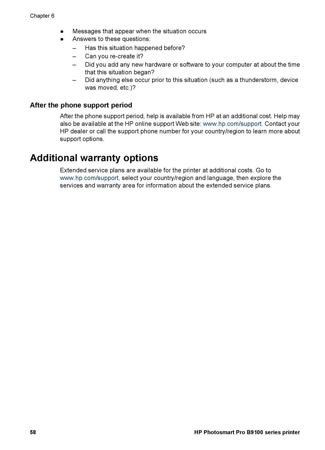 HP B9100 manual Additional warranty options, After the phone support period 