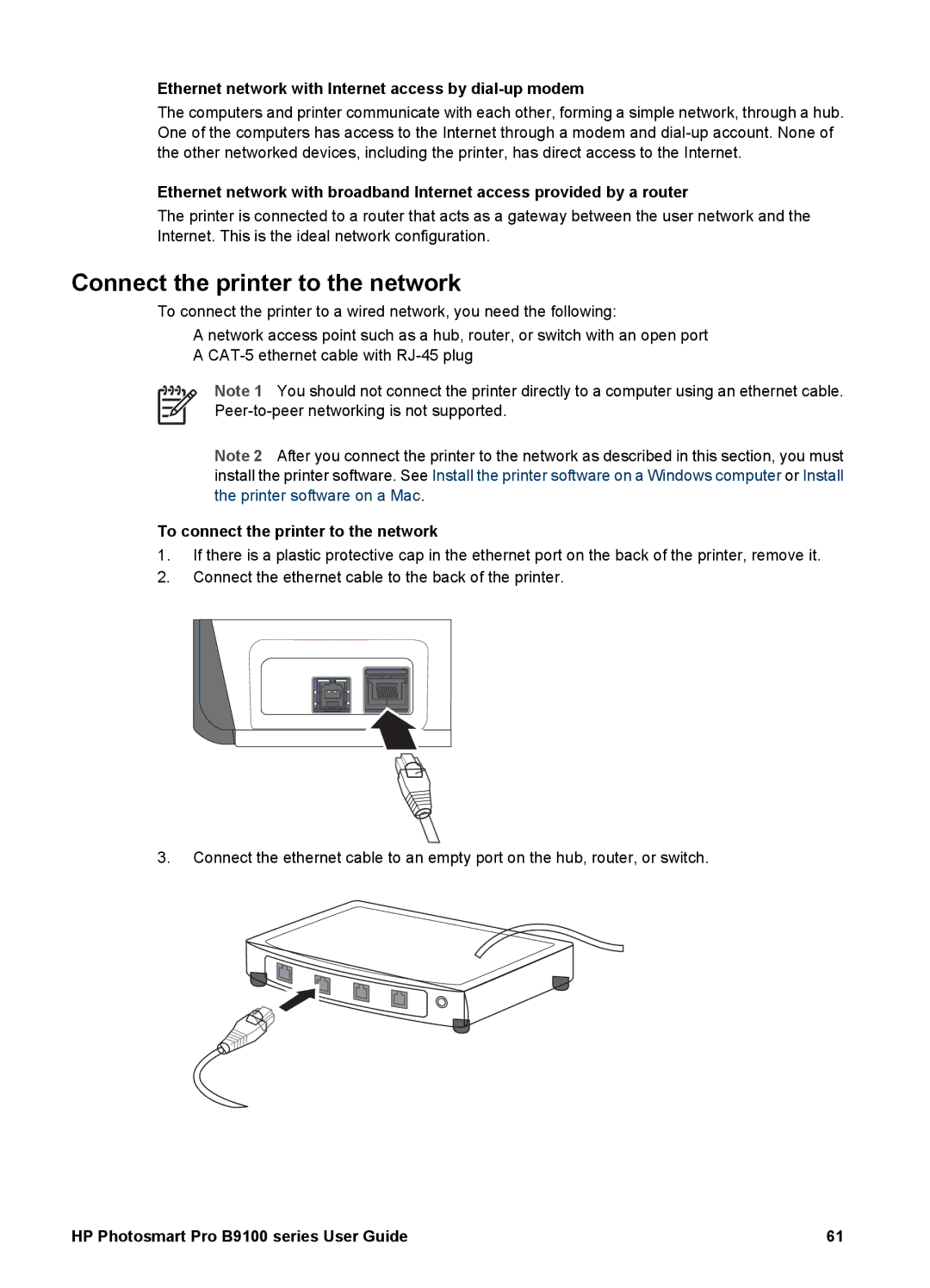 HP B9100 manual Ethernet network with Internet access by dial-up modem, To connect the printer to the network 