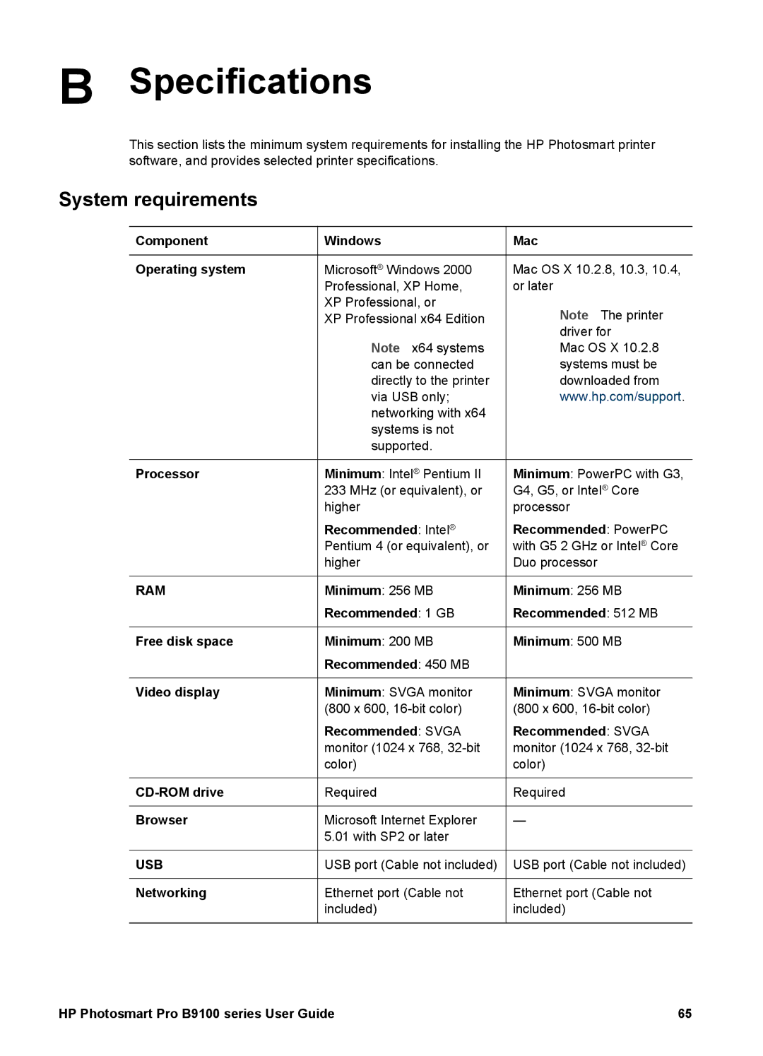 HP B9100 manual Specifications 