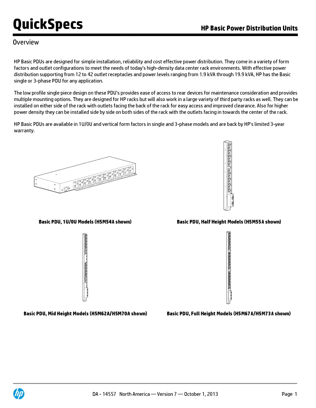 HP Basic Power Distribution Units H5M59A manual Overview, Basic PDU, 1U/0U Models H5M54A shown 