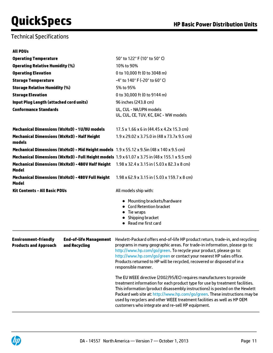 HP Basic Power Distribution Units H5M59A manual Technical Specifications 