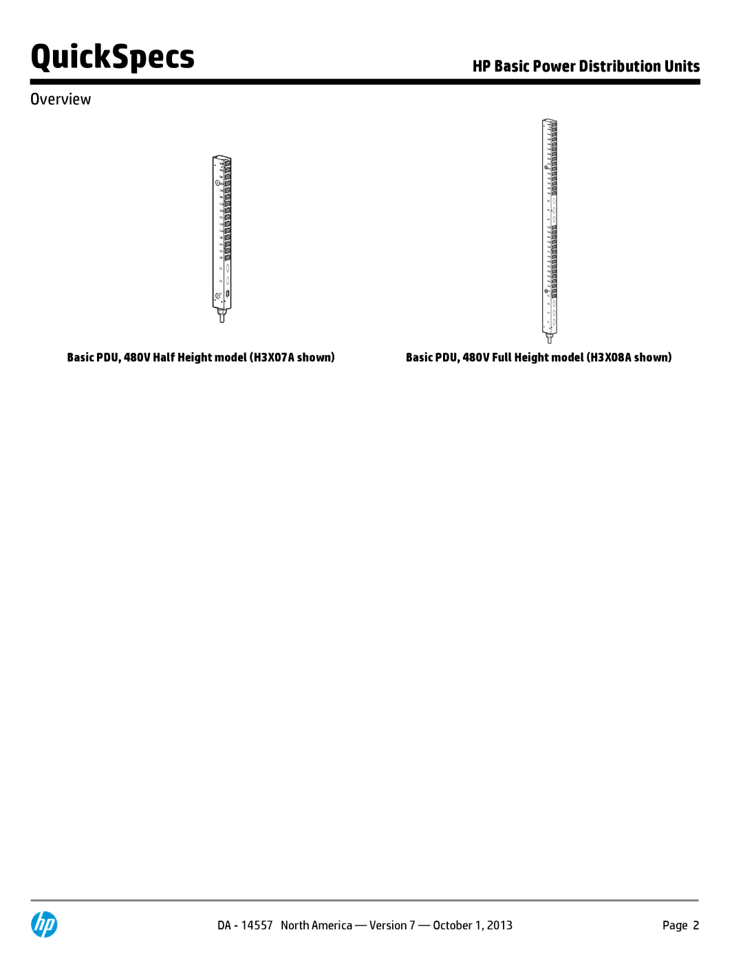 HP Basic Power Distribution Units H5M59A manual Basic PDU, 480V Half Height model H3X07A shown 