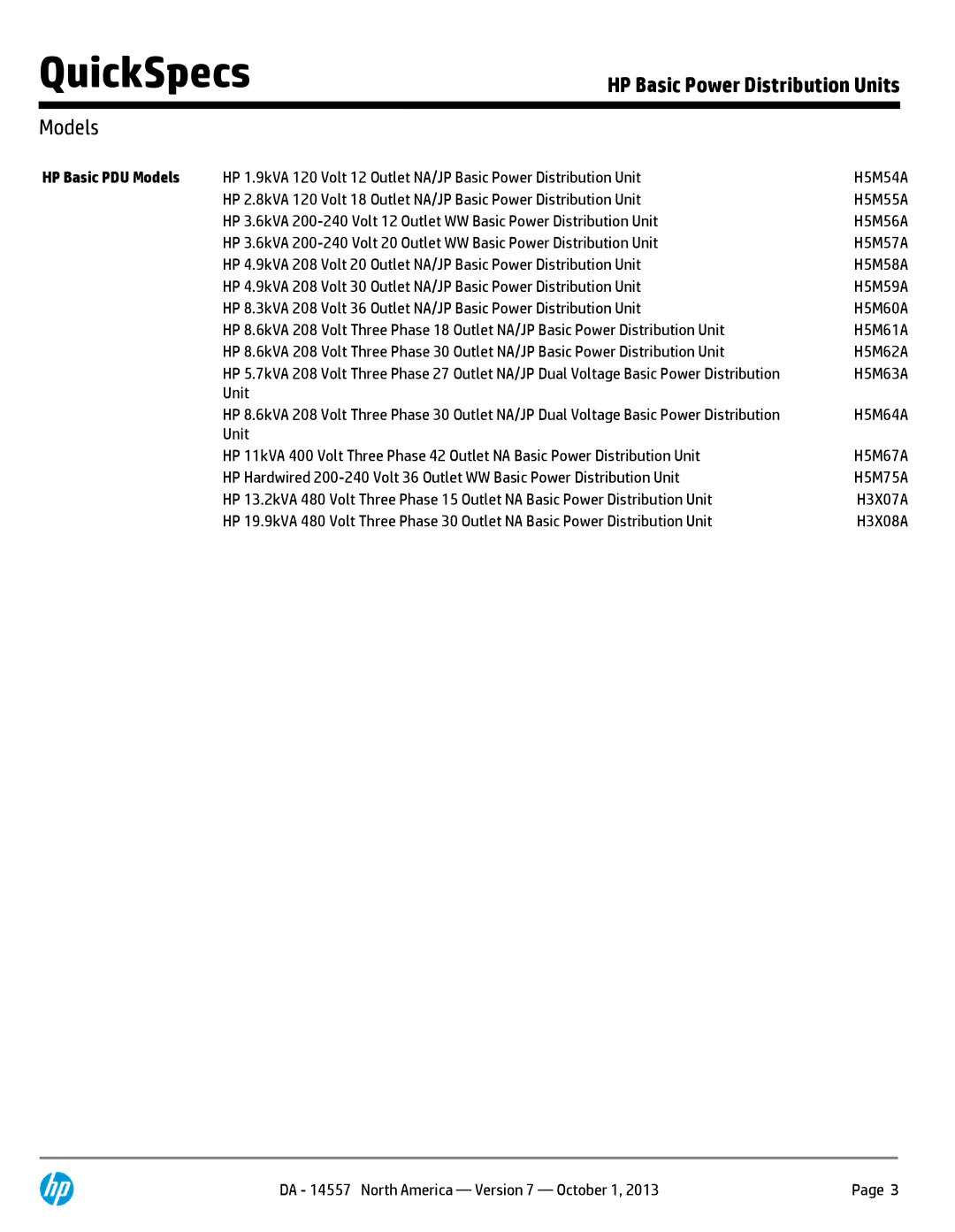 HP Basic Power Distribution Units H5M59A manual HP Basic PDU Models 