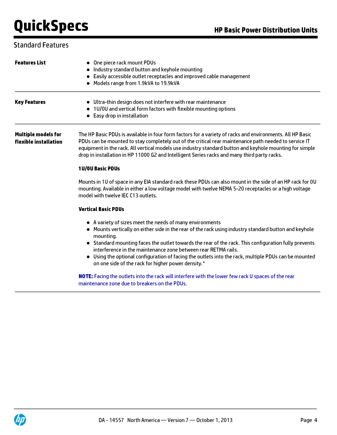 HP Basic Power Distribution Units H5M59A manual Standard Features 