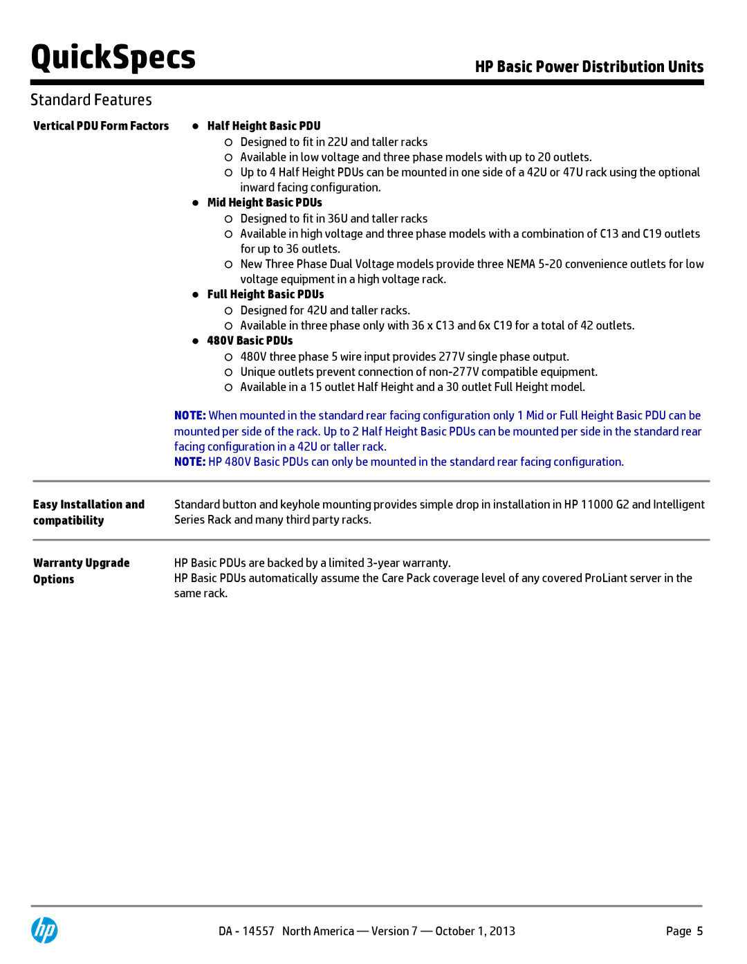 HP Basic Power Distribution Units H5M59A Vertical PDU Form Factors Half Height Basic PDU, Mid Height Basic PDUs, Options 