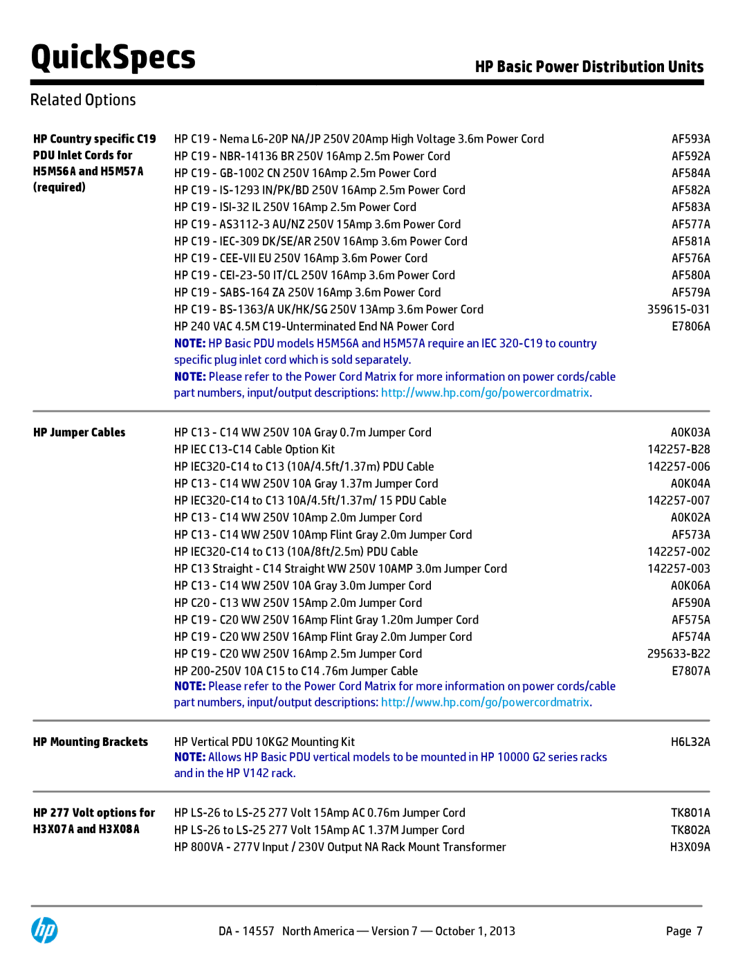 HP Basic Power Distribution Units H5M59A Related Options, HP Jumper Cables, HP Mounting Brackets, HP 277 Volt options for 