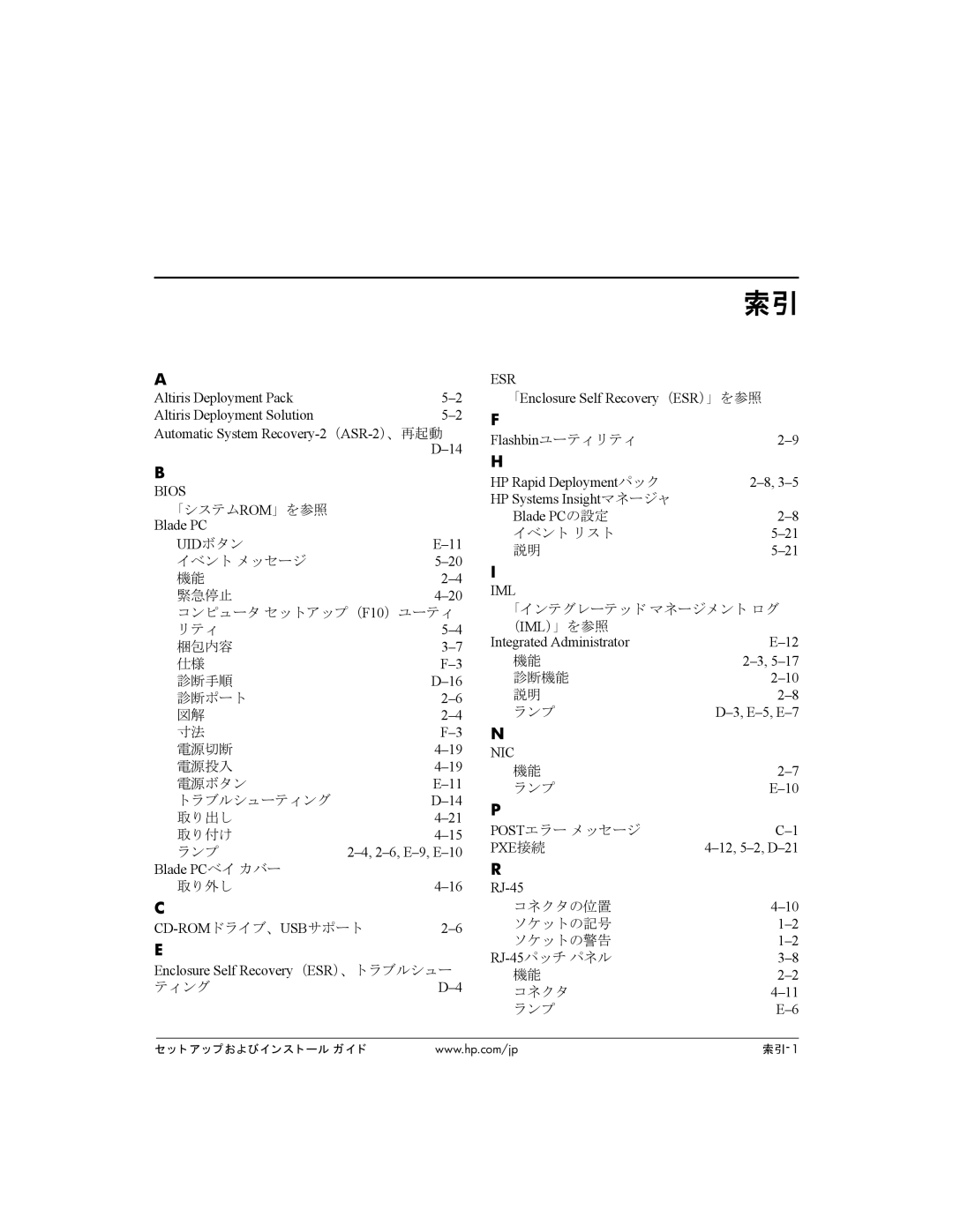 HP BC1500 Blade PC UIDボタン, 2-6, E-9, E-10, Blade PCベイ カバー, CD-ROMドライブ、USBサポート2-6 Enclosure Self Recovery（ESR）、トラブルシュー 