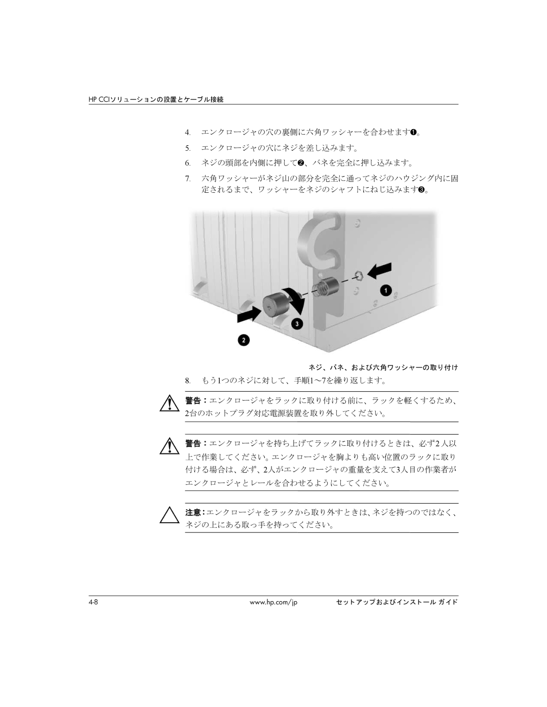 HP BC1500 manual もう1つのネジに対して、手順1～7を繰り返します。, ネジ、 バネ、 および六角ワッ シャーの取り付け 