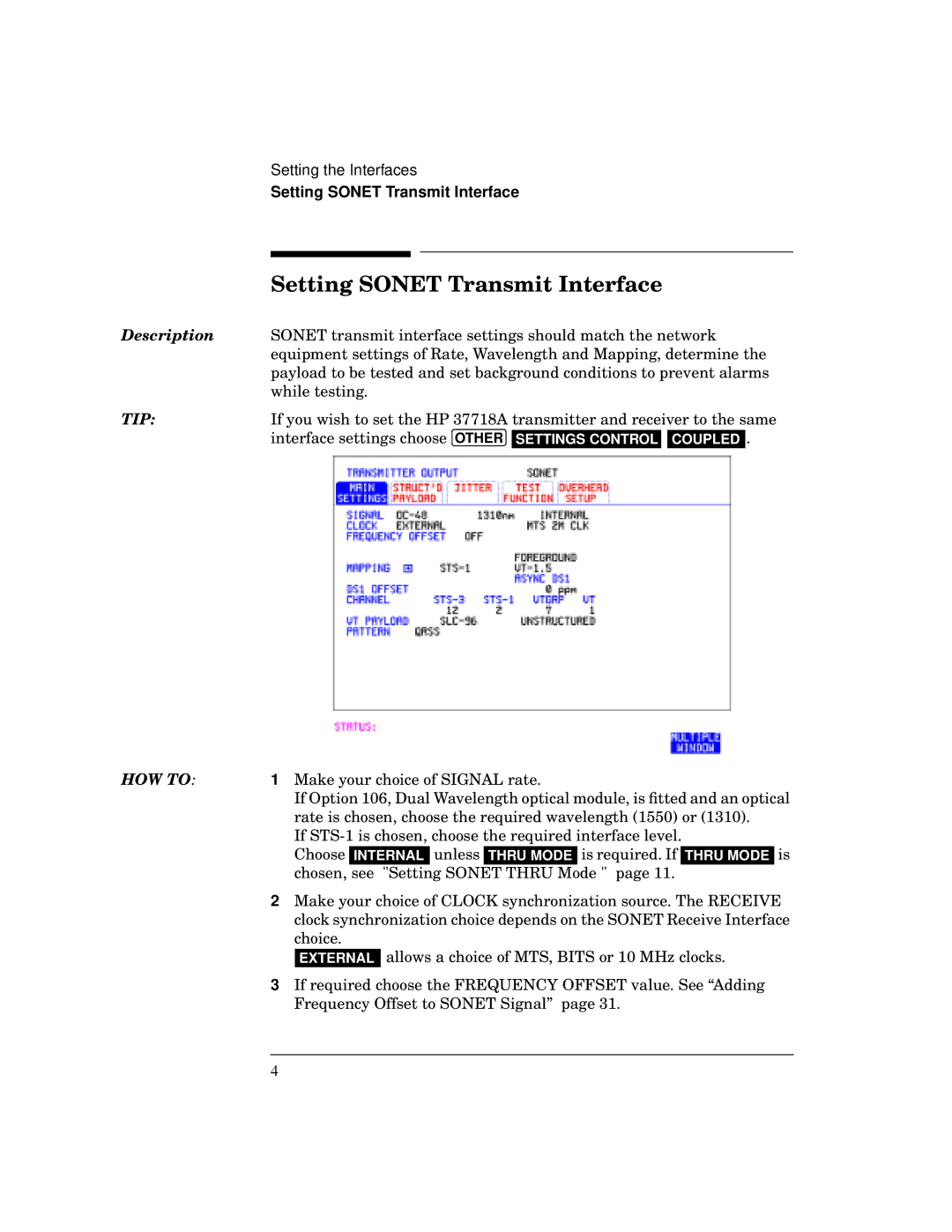 HP BER 718 37718A manual Setting Sonet Transmit Interface 