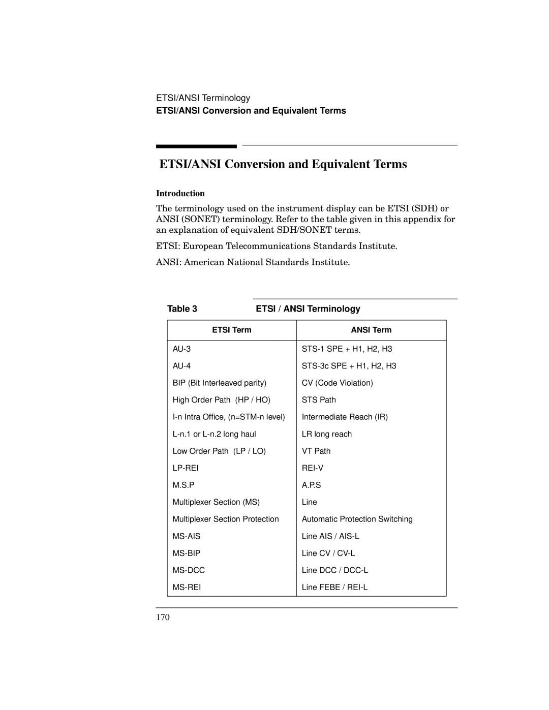 HP BER 718 37718A manual ETSI/ANSI Conversion and Equivalent Terms, Introduction 