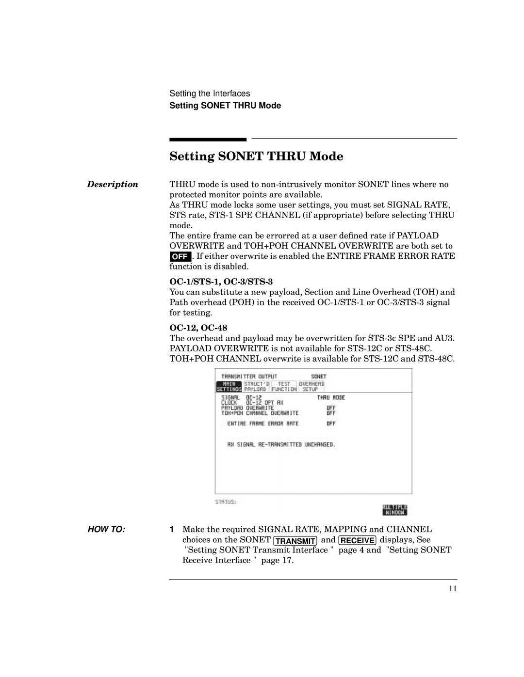 HP BER 718 37718A manual Setting Sonet Thru Mode, OC-1/STS-1, OC-3/STS-3, OC-12, OC-48 