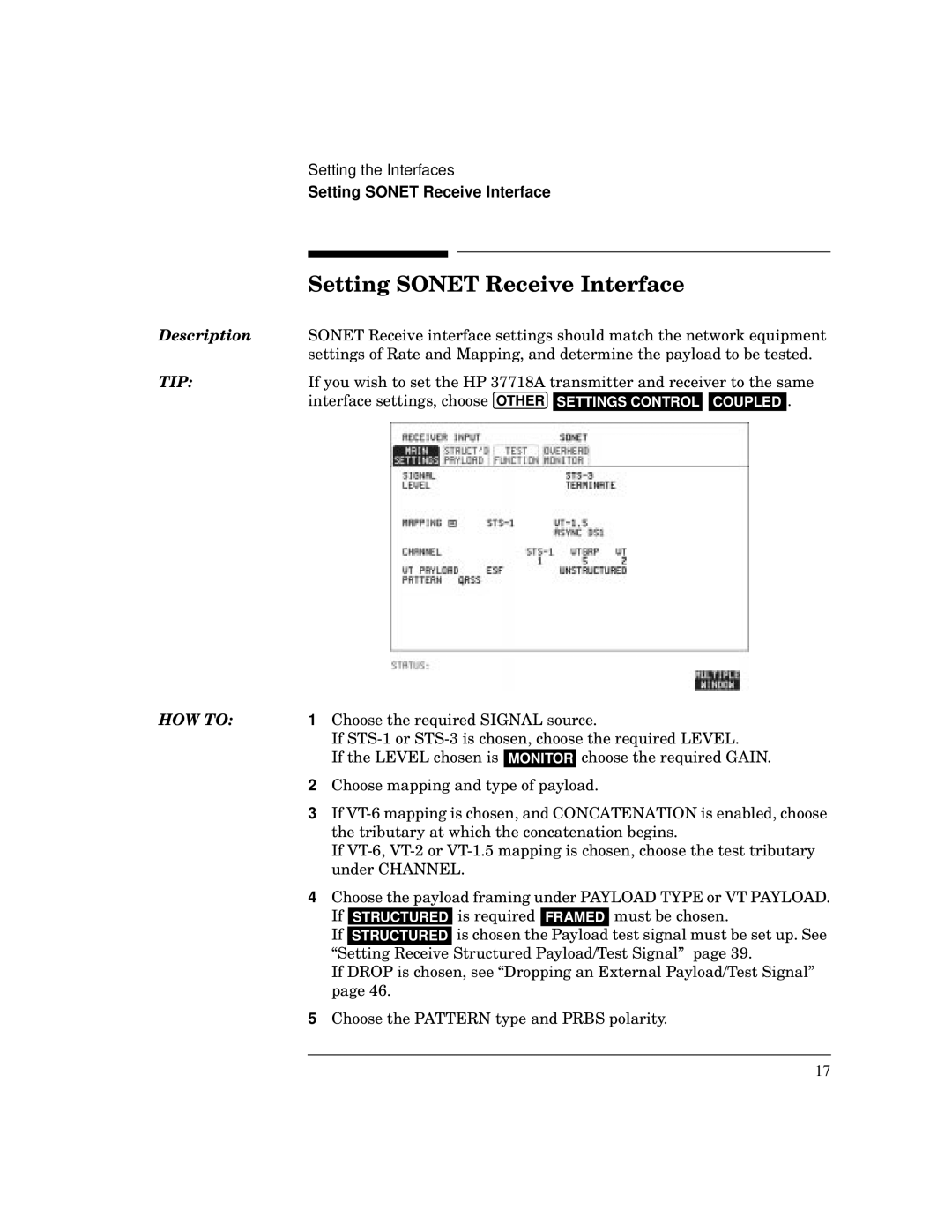 HP BER 718 37718A manual Setting Sonet Receive Interface 