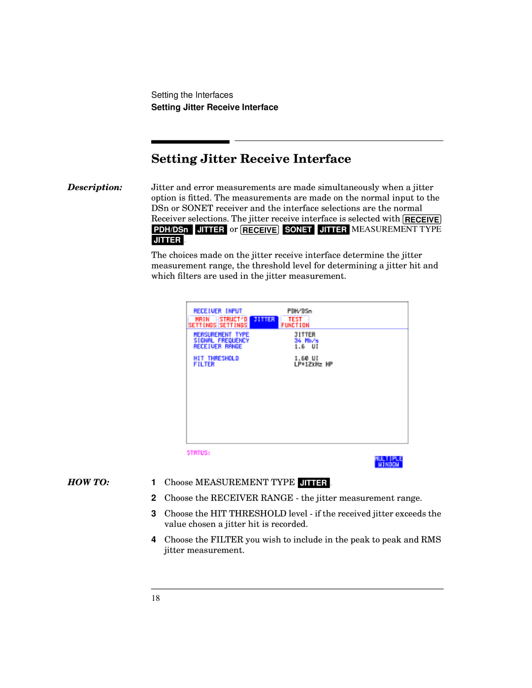 HP BER 718 37718A manual Setting Jitter Receive Interface 