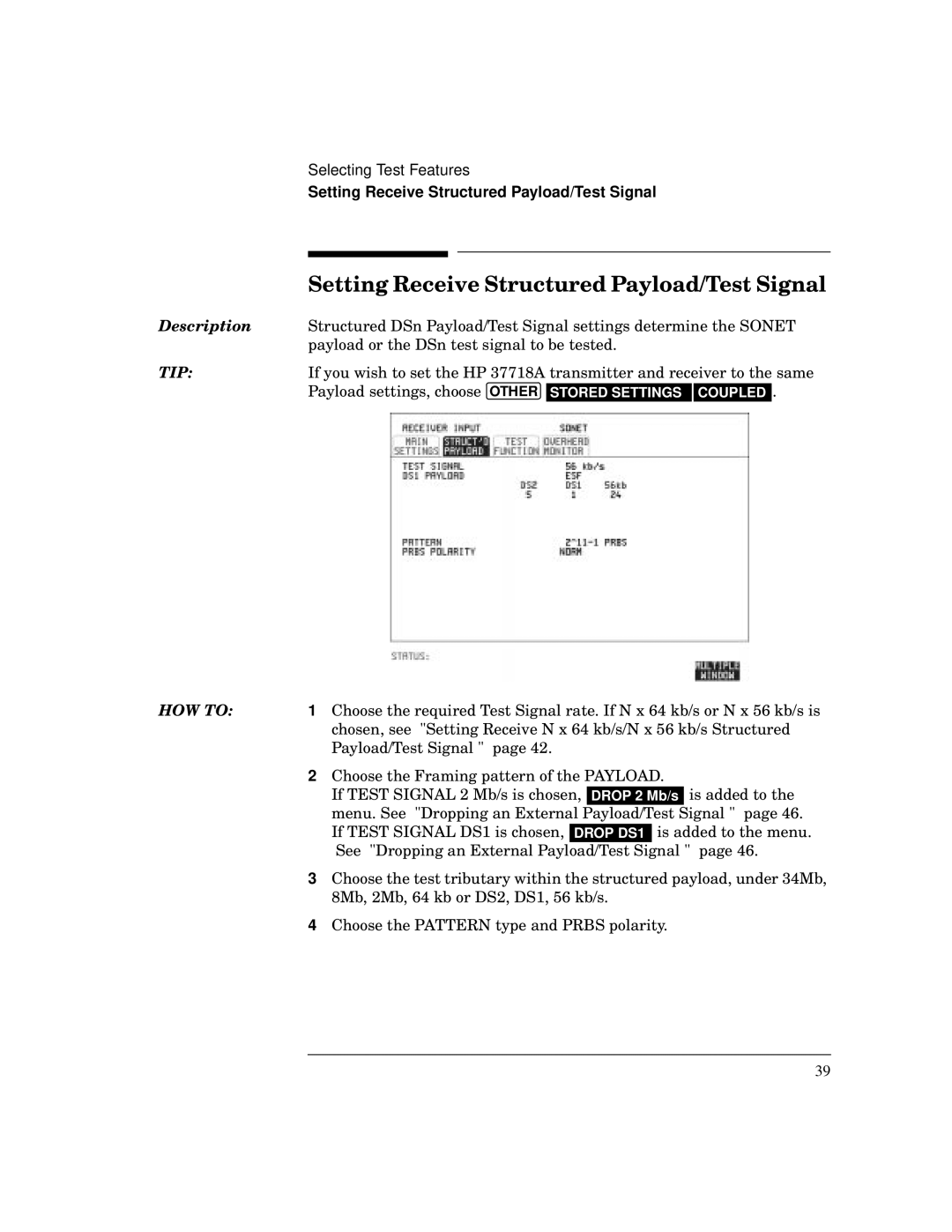 HP BER 718 37718A manual Setting Receive Structured Payload/Test Signal 