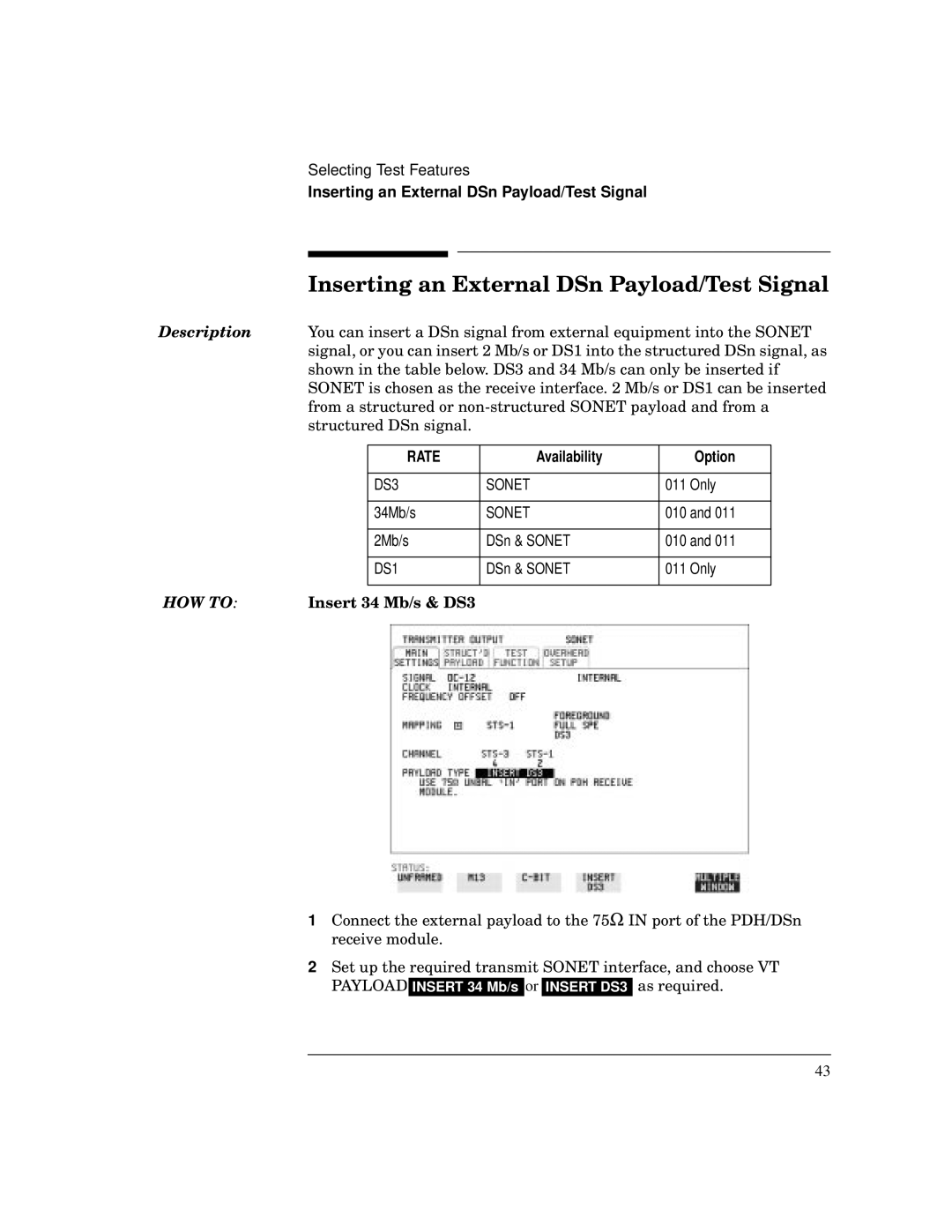 HP BER 718 37718A manual Inserting an External DSn Payload/Test Signal, Insert 34 Mb/s & DS3 