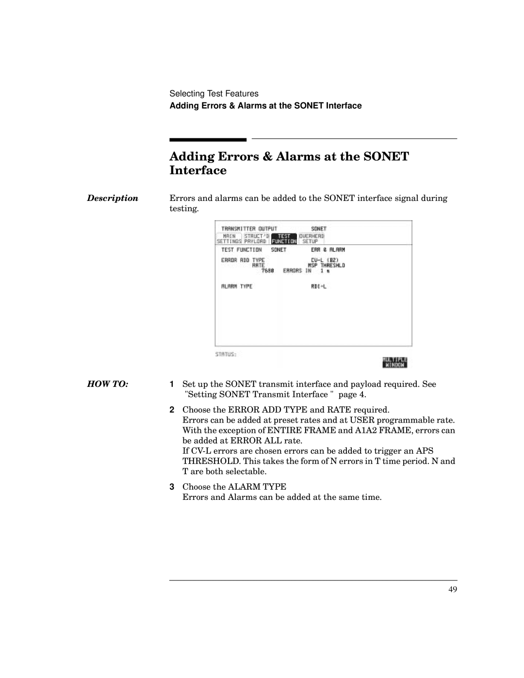 HP BER 718 37718A manual Adding Errors & Alarms at the Sonet Interface 