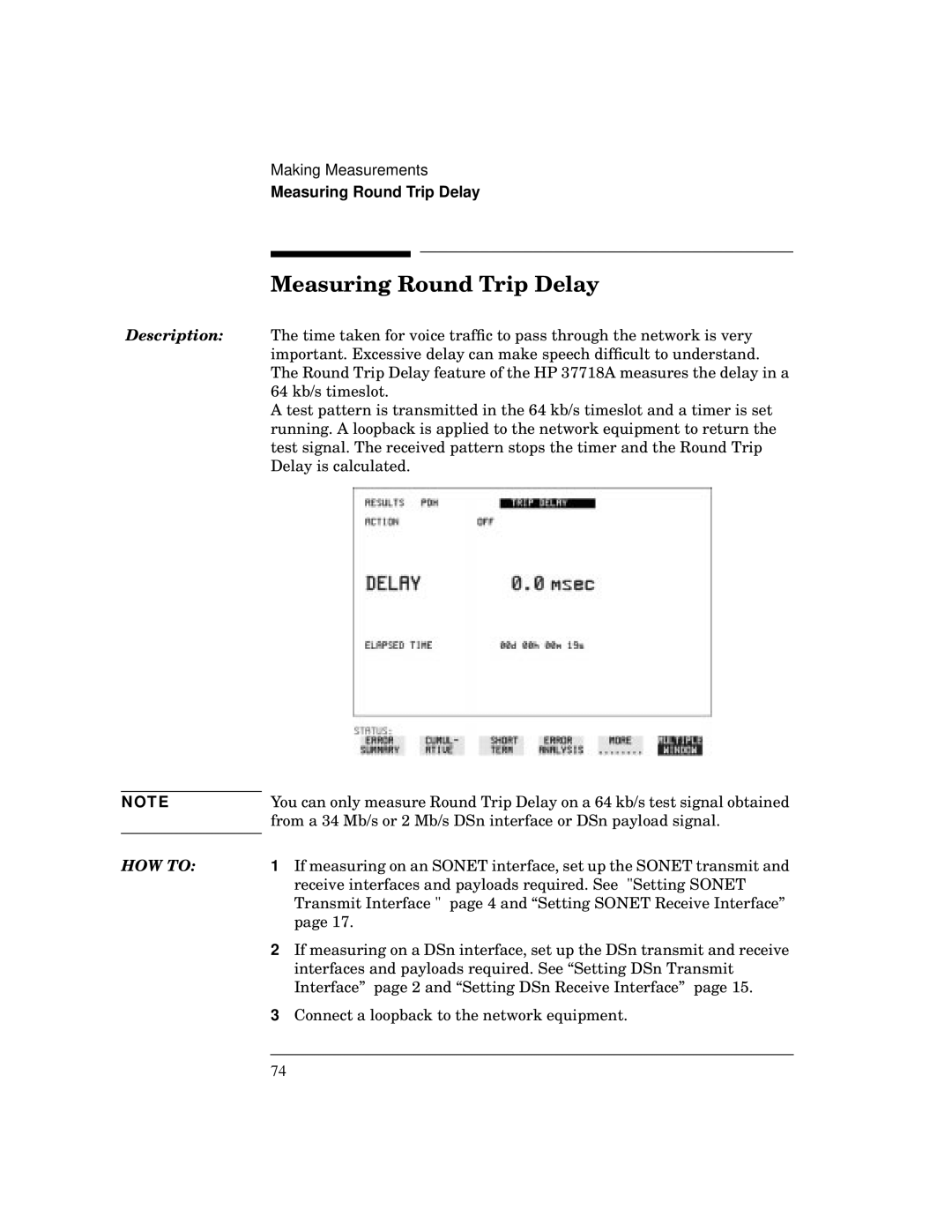 HP BER 718 37718A manual Measuring Round Trip Delay 