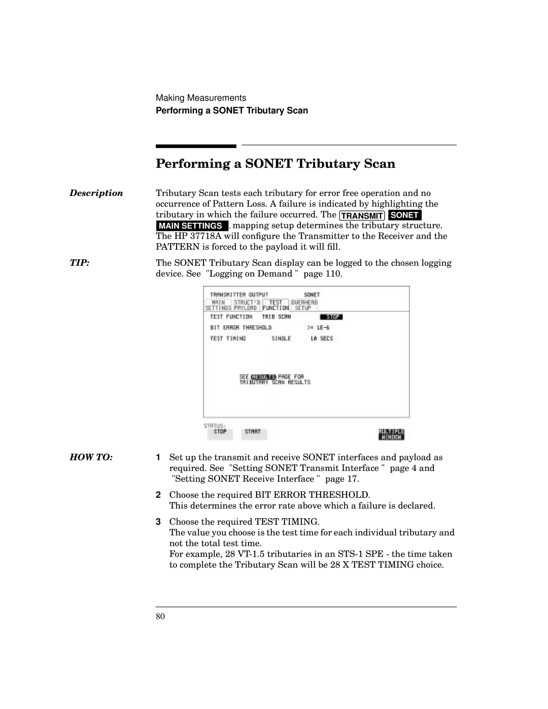 HP BER 718 37718A manual Performing a Sonet Tributary Scan 