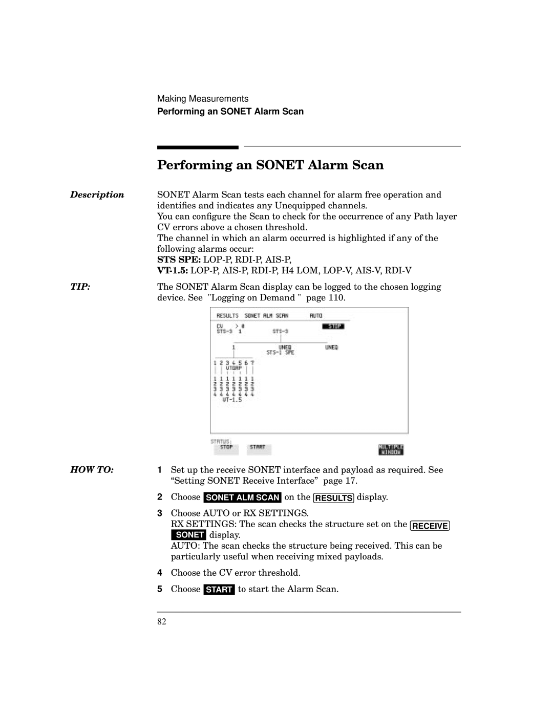 HP BER 718 37718A manual Performing an Sonet Alarm Scan 