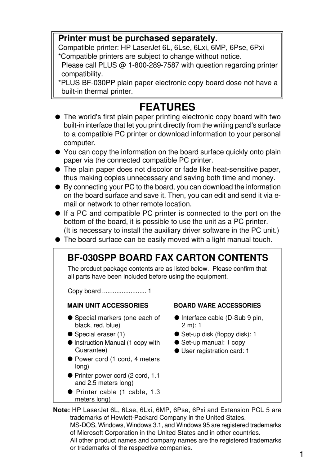 HP WPP manual Features, BF-030SPP Board FAX Carton Contents 