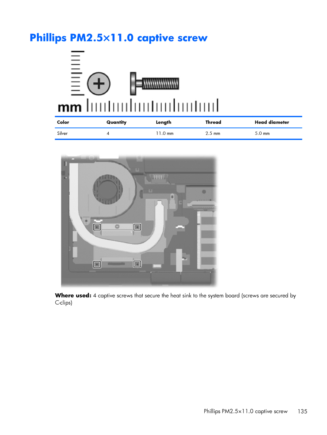 HP FN010UTABA, BJ840USABA Phillips PM2.5×11.0 captive screw, Color Quantity Length Thread Head diameter Silver 11.0 mm 