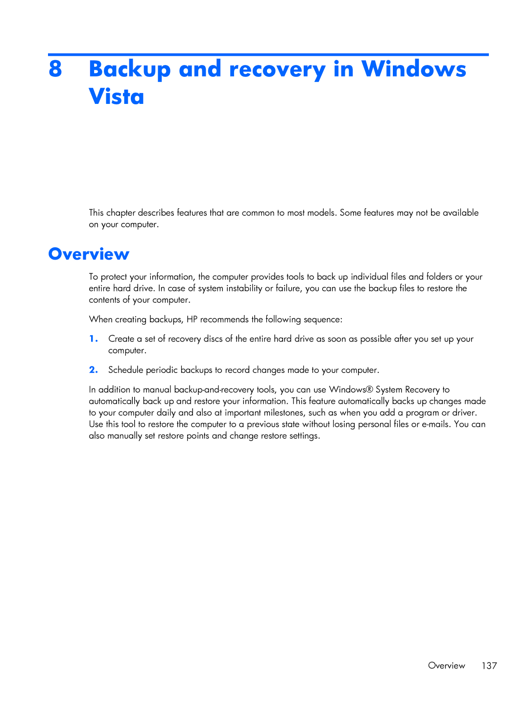HP FN010UTABA, BJ840USABA manual Backup and recovery in Windows Vista, Overview 
