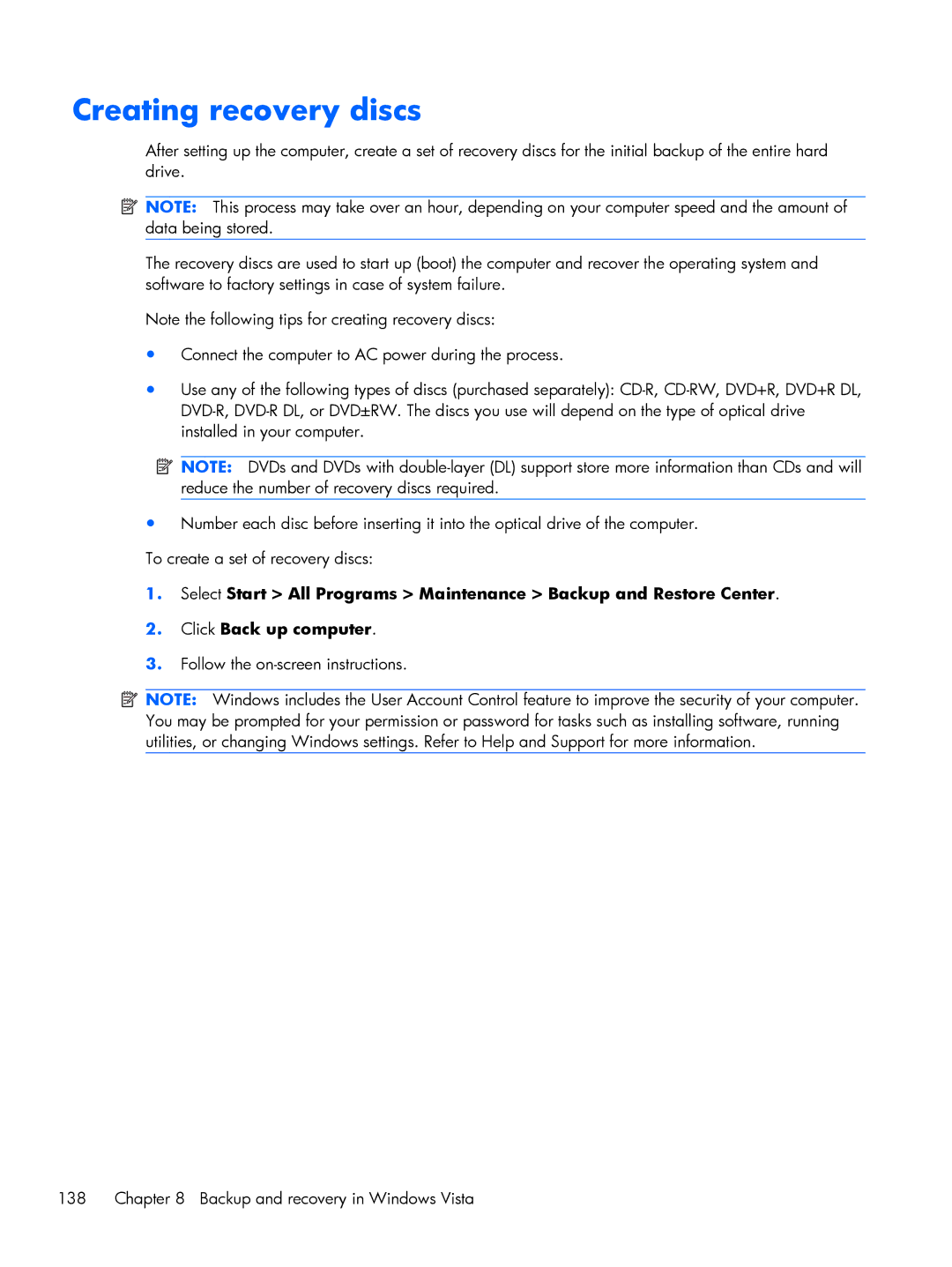 HP BJ840USABA, FN010UTABA manual Creating recovery discs 