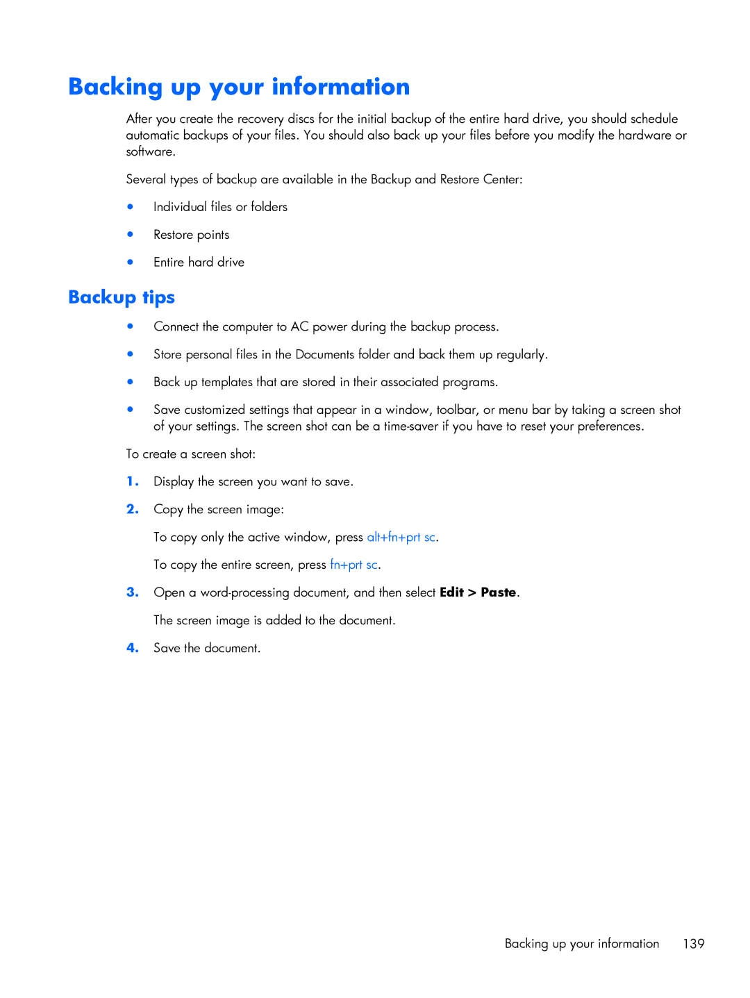 HP FN010UTABA, BJ840USABA manual Backing up your information, Backup tips 