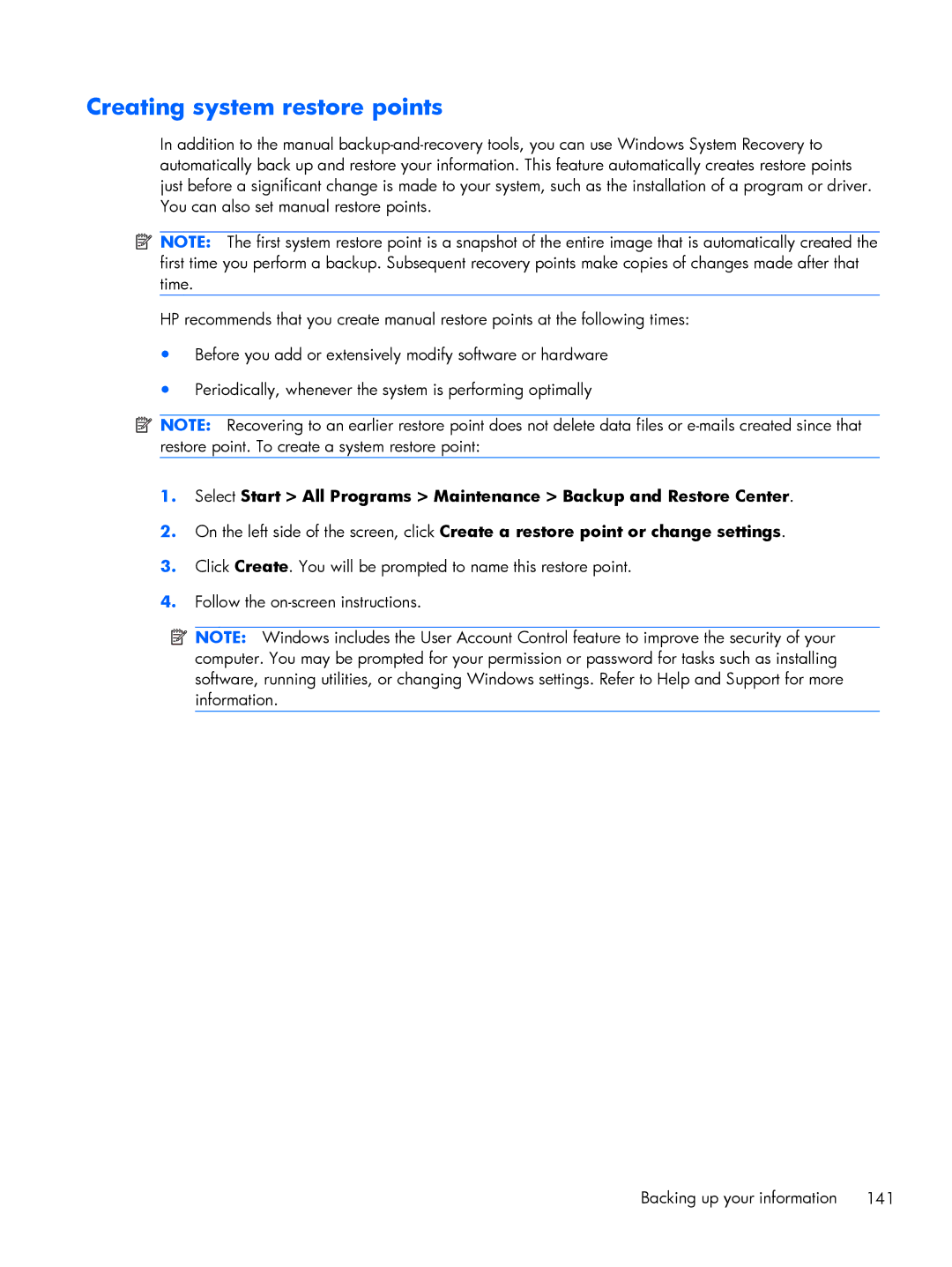HP FN010UTABA, BJ840USABA manual Creating system restore points 